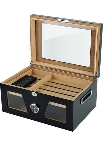 Siyah 2 Katlı Camlı Humidor Puro Kutusu RC21