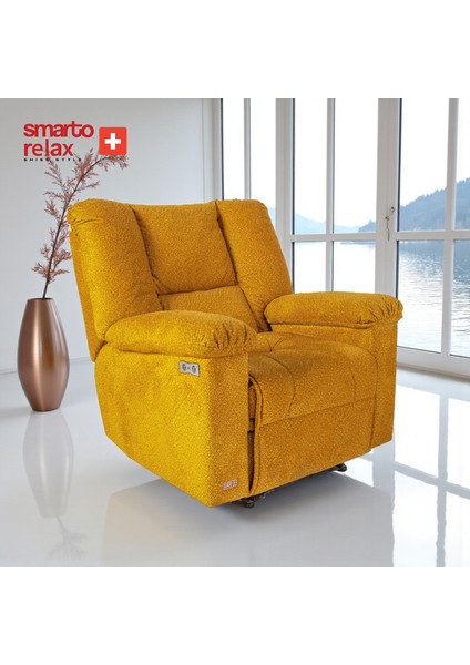 Relax TV Koltuğu PORTO Comfort Elektrikli Sırt Dayanağı Kontrol Panelli Ergonomik Bukle Polyester Sarı Dekoratif Baba Koltuğu