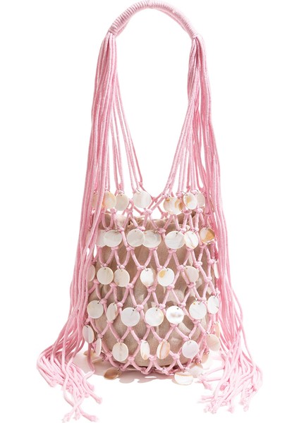 Yaz Taze Dokuma Kova Çanta Benzersiz Içi Boş Payetli Günlük Tote Çanta-Pembe (Yurt Dışından)