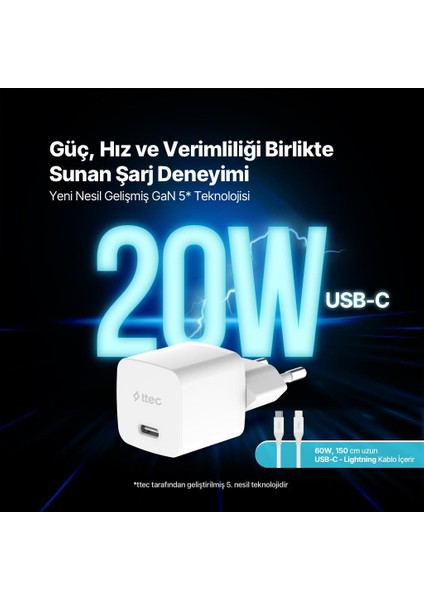 Smartcharger Gan 20W Pd Seyahat Hızlı Şarj Aleti + Usb-C - Lightning 150CM Kablo fiyatları