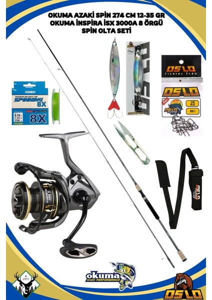 Azaki Spin 274 cm 12-35GR Okuma Inspira ISX-3000A 8 Örgü Spin Olta Seti