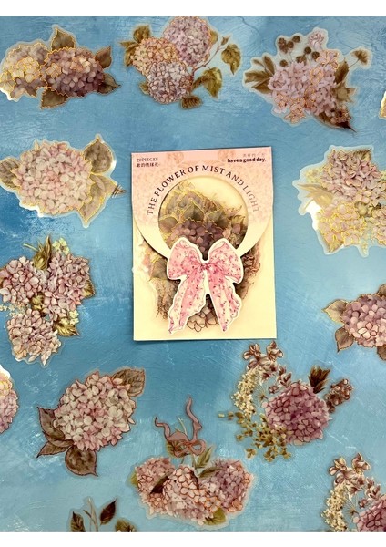 Holografik Efektli 20 Adet Ortanca Çiçeği Desenli Pembe Renk Pet Sticker Seti/ Etiket / Çıkartma / Su Geçirmez