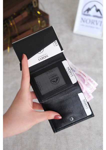 Mekanizmalı Otomatik Hakiki Deri Kartlık