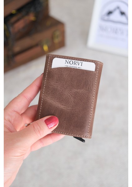 Mekanizmalı Otomatik Hakiki Deri Kartlık