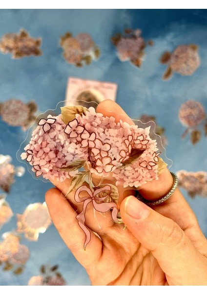 Holografik Efektli 20 Adet Ortanca Çiçeği Desenli Pembe Renk Pet Sticker Seti/ Etiket / Çıkartma / Su Geçirmez modelleri