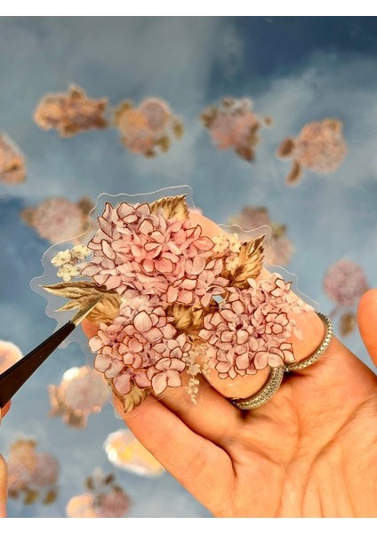 Holografik Efektli 20 Adet Ortanca Çiçeği Desenli Pembe Renk Pet Sticker Seti/ Etiket / Çıkartma / Su Geçirmez fırsatları