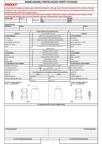 Kaza Tespit Tutanağı Otokopili 1 Adet Kalem Hediyeli fiyatları