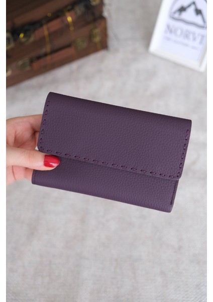 Saraciye Dikişli Çok Bölmeli Hakiki Deri Kadın Cüzdan