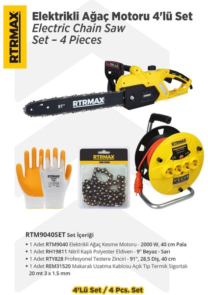 RTM9040SET Elektrikli Ağaç Kesme Motoru 4'lü Set -Eldiven-Testere Zinciri-Makaralı Uzatma Kablosu
