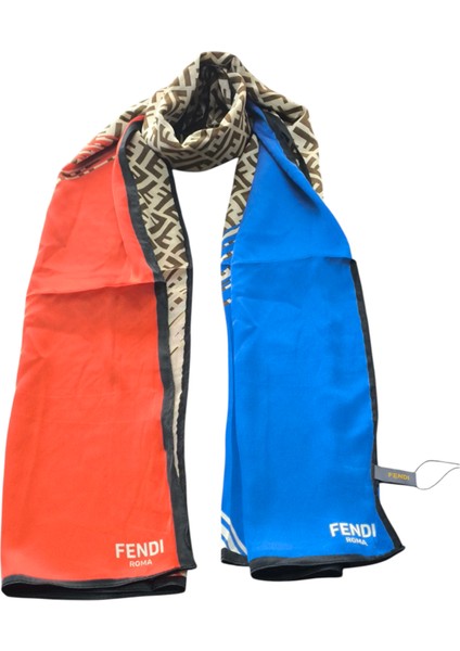 Vual Ipek Şal F Baskılı Desen Saks Mavi Turuncu