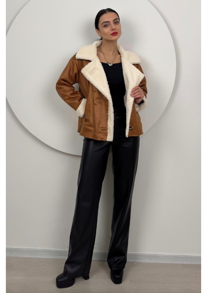 Aurelia Kadın Kürklü Rahat Oversize Peluş Taba Kaban – Şık ve Konforlu