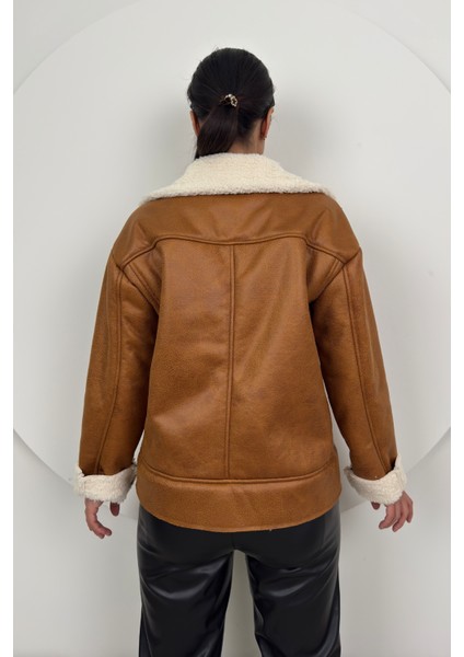 Aurelia Kadın Kürklü Rahat Oversize Peluş Taba Kaban – Şık ve Konforlu