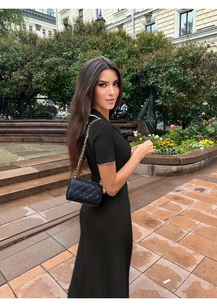 Kadın Kısa Kollu Yakalı Önden Düğmeli Maxi Triko Elbise fiyatları