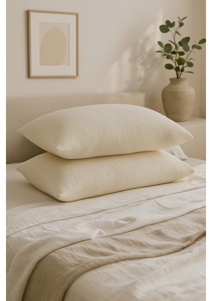 4 Katlı Müslin İvory (Naturel) Renk 50X70 Cm. %100 Pamuklu 2 Adet Yastık Kılıfı