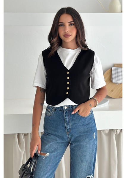 Kadın Düğmeli Triko Yelek – Modern & Katmanlı Stil fiyatları