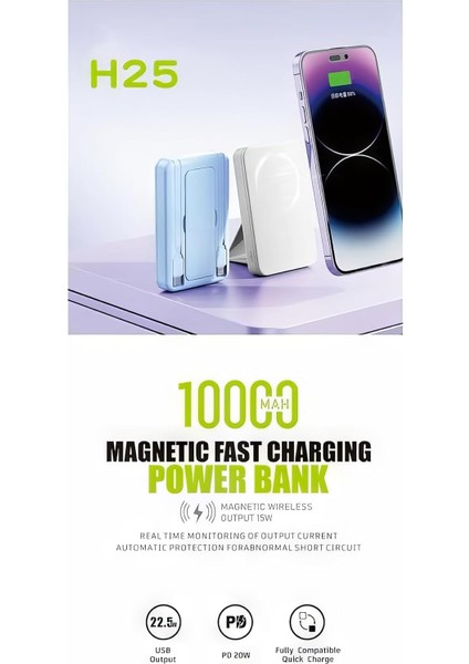 H25 Magsafe Powerbank Type-C ve Lightning Kablolu - 10.000 Mah Pd 20W ve USB 22.5W LCD Göstergeli Magsafe Uyumlu Fast Hızlı Şarjlı indirimleri