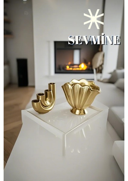 ✨ Golden Duo 2’li Vazo & Mumluk Seti – Istiridye Form Vazo & 4’lü U Form Gold Mumluk modelleri