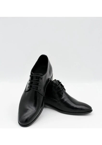 Alfa %100 Deri Siyah Damatlık Erkek Ayakkabı 7 cm Gizli Topuklu Boy Uzatan (El Yapımı)