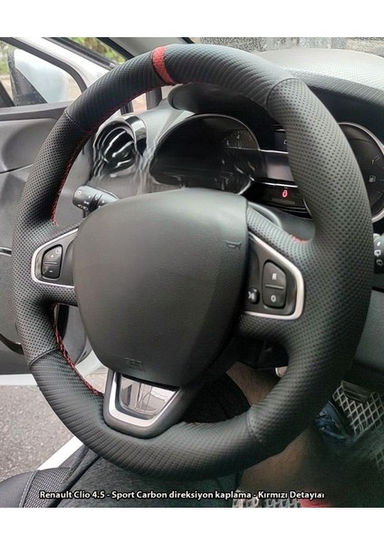 Clio 4 Faz 2 Araca Özel Direksiyon Kılıfı Nokta Karbon Kırmızı Yüzüklü