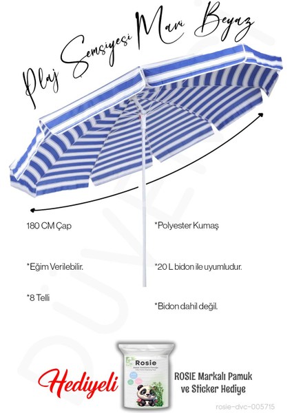 Plaj Şemsiyesi 180 cm Çap Mavi Beyaz 8 Telli Eğim Verilir Bidonsuz ve Rosie Hediye