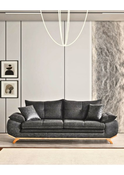 Azir Yataklı ve Bazalı Üç Adet Üçlü Kanepe & 3'lü Koltuk (3+3+3) - Antrasit