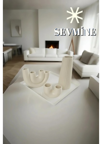 ✨ Krem Lines 3’lü Çizgili Vazo & Mumluk Seti – Iskandinav Bohem Krem Masaüstü Dekoru fiyatları