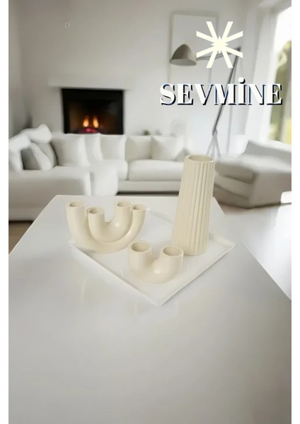 ✨ Krem Lines 3’lü Çizgili Vazo & Mumluk Seti – Iskandinav Bohem Krem Masaüstü Dekoru fırsatları