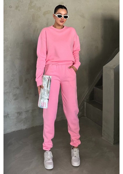 Unisex Pembe Bisiklet Yaka Düz Oversize Alt-Üst Eşofman Takımı