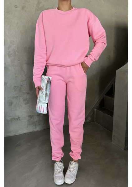 Unisex Pembe Bisiklet Yaka Düz Oversize Alt-Üst Eşofman Takımı fiyatları