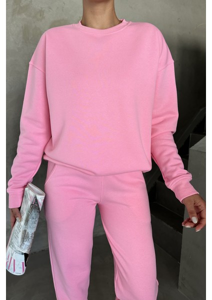 Unisex Pembe Bisiklet Yaka Düz Oversize Alt-Üst Eşofman Takımı modelleri
