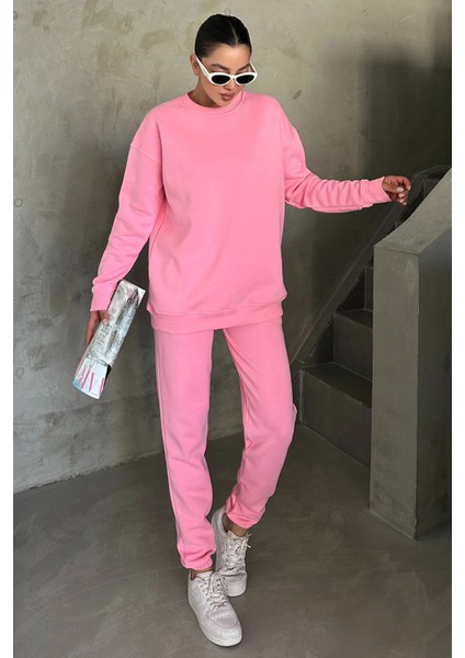 Unisex Pembe Bisiklet Yaka Düz Oversize Alt-Üst Eşofman Takımı fırsatları