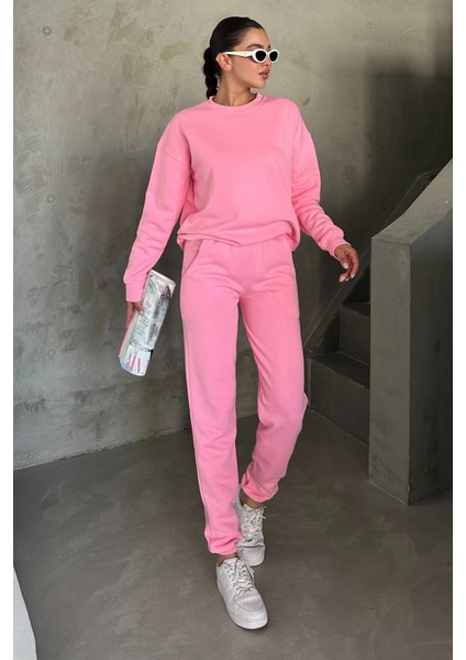 Unisex Pembe Bisiklet Yaka Düz Oversize Alt-Üst Eşofman Takımı indirimleri