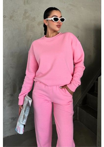 Unisex Pembe Bisiklet Yaka Düz Oversize Alt-Üst Eşofman Takımı