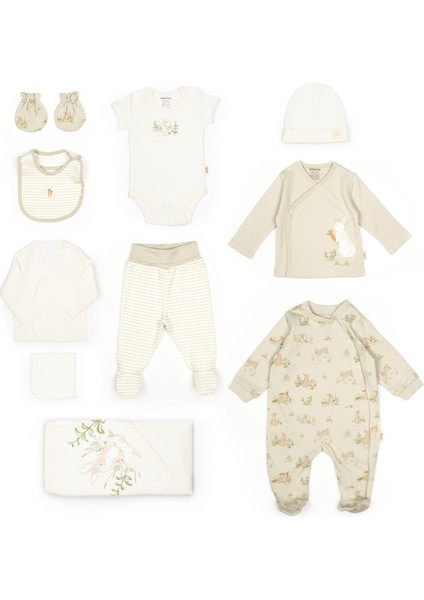 Unisex Bebek Organik Pamuklu Naturel Tavşan Desenli 10'lu Hastane Çıkışı Seti