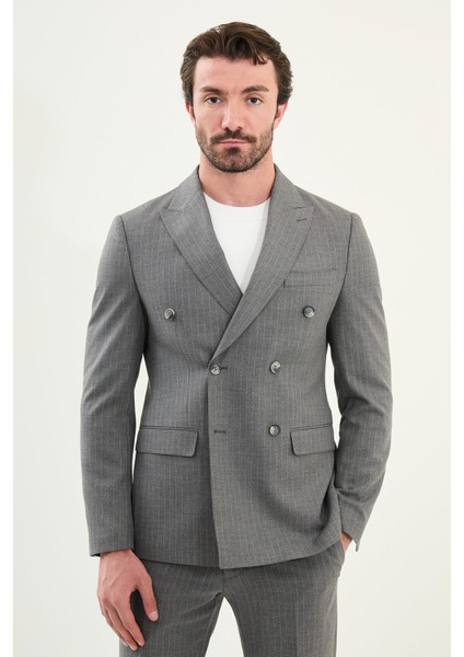 Çizgili Slim Fit Geniş Yaka Kruvaze Yün Erkek Takım Elbise