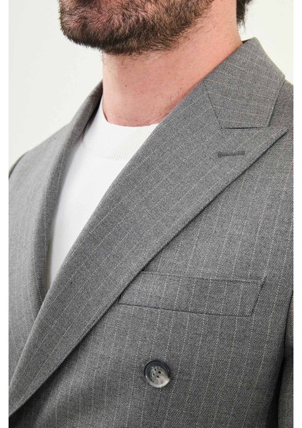 Çizgili Slim Fit Geniş Yaka Kruvaze Yün Erkek Takım Elbise fiyatları