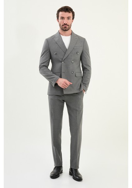 Çizgili Slim Fit Geniş Yaka Kruvaze Yün Erkek Takım Elbise modelleri