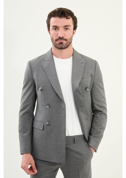 Çizgili Slim Fit Geniş Yaka Kruvaze Yün Erkek Takım Elbise fırsatları