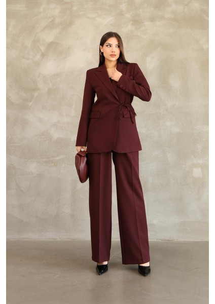 Kadın Vişne Yandan Bağlamalı Blazer Ceket Pantolon Takım