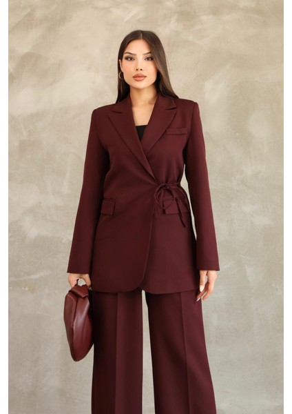 Kadın Vişne Yandan Bağlamalı Blazer Ceket Pantolon Takım fiyatları