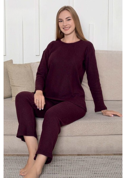 Pamuklu Kalın Kışlık Interlok Şeritli Uzun Kollu Örme Pijama Takımı