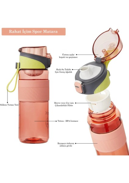 Vagon Life Tkk 550ML Pipetsiz Taşıma Askılı Süzgeçli Kilitlenebilir Kapak Su Matarası modelleri