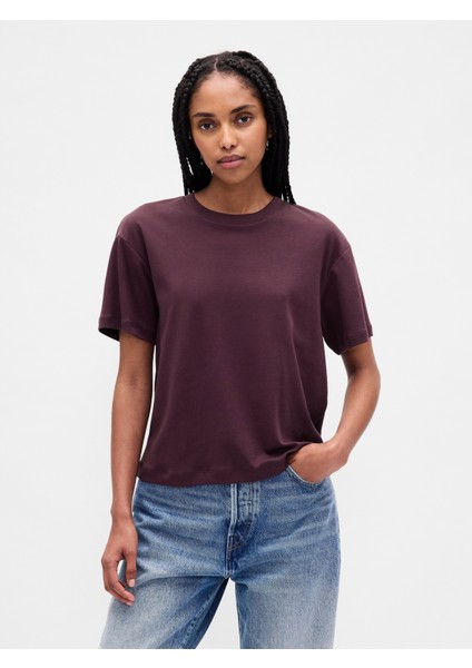 Kadın Bordo Supima® Pamuk Relaxed T-Shirt
