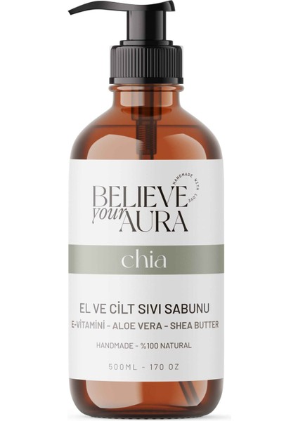 Chia Yağı El ve Cilt Sabunu - E-Vitamini Aloe Vera Shea Butter Katkılı Doğal Sıvı Sabun - 500 ml