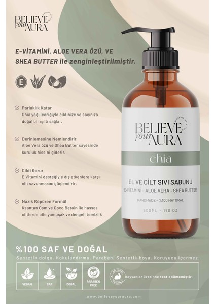 Chia Yağı El ve Cilt Sabunu - E-Vitamini Aloe Vera Shea Butter Katkılı Doğal Sıvı Sabun - 500 ml fiyatları