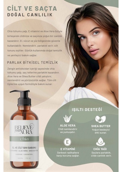 Chia Yağı El ve Cilt Sabunu - E-Vitamini Aloe Vera Shea Butter Katkılı Doğal Sıvı Sabun - 500 ml modelleri