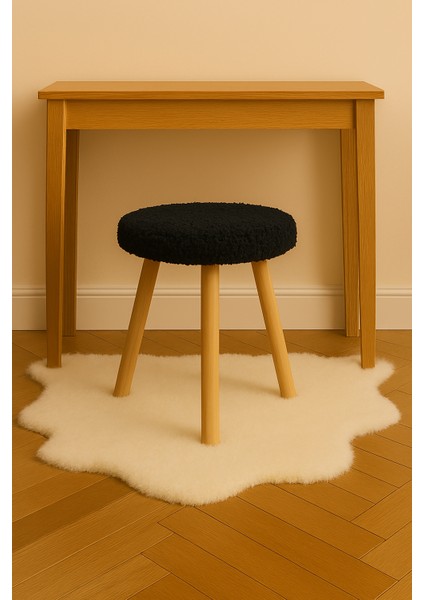 Siyah Teddy Yuvarlak Puf Bench Ahşap Modern Ayak Dekoratif Peluş Tabure