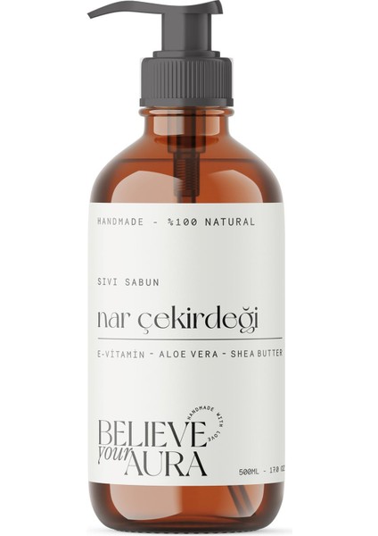 %100 Doğal Nar Çekirdeği Yağı Sıvı El Sabunu - E-Vitamini Aloe Vera ve Shea Butter Katkılı - 500 ml