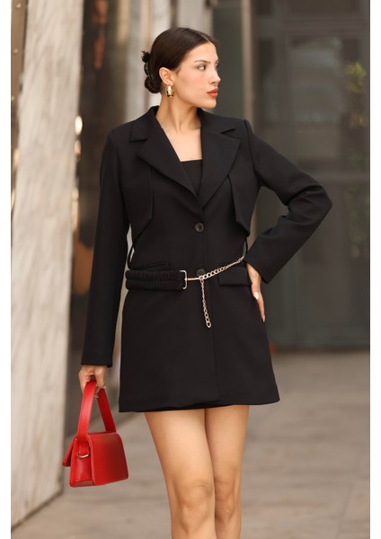 Kadın Zincir Kemer Detaylı Siyah Blazer Ceket Şort Etek Takım modelleri