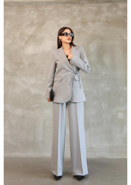 Kadın Gri Yandan Bağlamalı Blazer Ceket Pantolon Takım fiyatları
